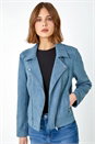 Steel Blue Faux Suede Biker Jacket, Image 3 of 6