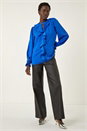 Royal Blue Ruffle Front Keyhole Satin Top, Image 1 of 5
