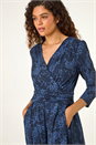 Blue Animal Print Mock Wrap Midi Dress, Image 4 of 5
