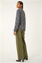 Navy Printed Shirred Tie Neck Top, Image 3 of 5