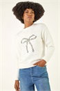 Ivory Embellished Bow Front Knit Jumper, Image 3 of 5