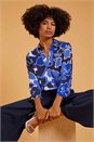 Royal Blue Floral Print V-Neck Pleat Front Top, Image 2 of 6