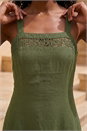 Khaki Linen Blend Lace Trim Midi Dress, Image 4 of 4