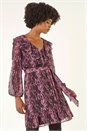 Pink Animal Print Frill V-Neck Dress, Image 2 of 5