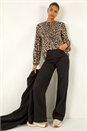 Tan Animal Print Shirred Tie Neck Top, Image 2 of 5
