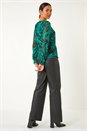 Green Mesh Print Detail Stretch Top, Image 3 of 5