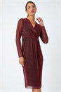 Red Metallic Shimmer Midi Wrap Dress, Image 4 of 5