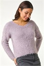 Purple V-Neck Fluffy Knit Jumper, Image 4 of 5