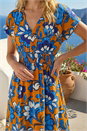Orange Floral Print Shirred Midi Dress, Image 4 of 4