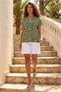 Khaki Floral Puff Print V-Neck Top, Image 2 of 4