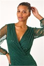 Green Sequin V-Neck Wrap Dress, Image 4 of 6