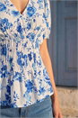 Blue Dusk Floral Print Shirred Peplum Top, Image 4 of 4