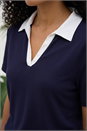 Navy  Cotton Collar V-Neck Top , Image 4 of 4
