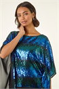 Blue Ombre Sequin Mesh Chiffon Top, Image 4 of 5