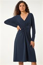Navy Twist Front Stretch Midi Dress, Image 2 of 5