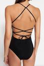 Black Square Neck Strappy Open Back Fitted Swimsuit, Image 3 of 3