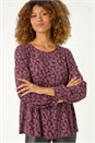 Purple Leaf Print Gathered Tunic Top, Image 3 of 5