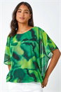 Green Printed Mesh Overlay Batwing Top, Image 1 of 5