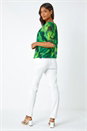 Green Printed Mesh Overlay Batwing Top, Image 3 of 5