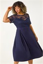 Navy Curve Lace Detail Pleated Dress, Image 1 of 5