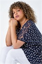 Navy Curve Lace Shoulder Polka Dot Stretch T-Shirt, Image 1 of 5