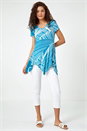 Teal Textured Linear Print Hanky Hem Tunic Top, Image 2 of 5