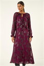 Wine Floral Brocade Frill Midi Dress, Image 4 of 6