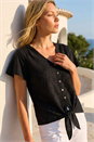Black V-Neck Broderie Stretch Tie Front Top, Image 2 of 4