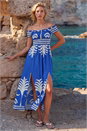 Royal Blue Leaf Print Shirred Bardot Dress, Image 1 of 4