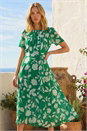Green Flower Print Pleat Neck Midi Dress, Image 2 of 4
