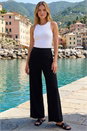 Black Elastic Waist Wide Leg Stretch Trousers, Image 1 of 3