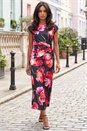Black Floral Printed Wrap Detail Midi Dress, Image 1 of 4
