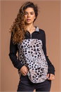 Black Animal Print Contrast Long Sleeve Zip Top, Image 1 of 4