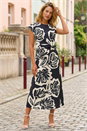 Black Abstract Printed Gathered Wrap Dress, Image 1 of 4