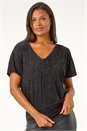 Black Shimmer Velvet V-Neck Banded Hem Top, Image 4 of 5