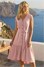 Light Pink V-Neck Buttoned Tie Waist Midi Dress, Image 3 of 4