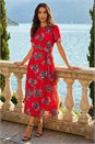 Red Floral Print Pleat Neck Midi Dress, Image 1 of 4
