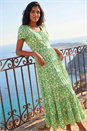 Green Floral Print Ruched Sleeve Midi Dress, Image 3 of 4