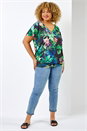 Green Curve Tropical Print Blouson Hem Top , Image 3 of 5