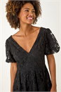 Black Crochet Lace V-Neck Midi Dress, Image 4 of 5