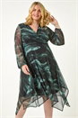 Grey Curve Abstract Print Wrap Stretch Midi Dress, Image 1 of 5