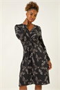 Black Floral Print Twist Front Midi Dress, Image 2 of 5