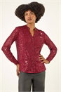 Bordeaux Sequin V-Neck Stretch Blouse, Image 4 of 5