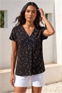Black Floral Print V-Neck Top, Image 1 of 4