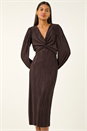 Chocolate Plisse Twist Front Midi Dress, Image 2 of 5