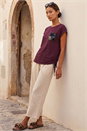 Burgundy Sequin Pocket Side Ruched T-Shirt, Image 2 of 4