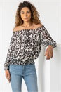 Ivory Shirred Animal Print Bardot Chiffon Top, Image 1 of 5