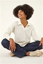 Cream  Ribbed Collared Stretch Top, Image 4 of 5