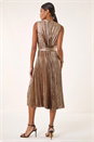Gold Metallic Pleat Belted Midi Dress, Image 4 of 6