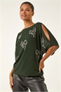 Dark Green Bow Hotfix Cold Shoulder Top, Image 4 of 5